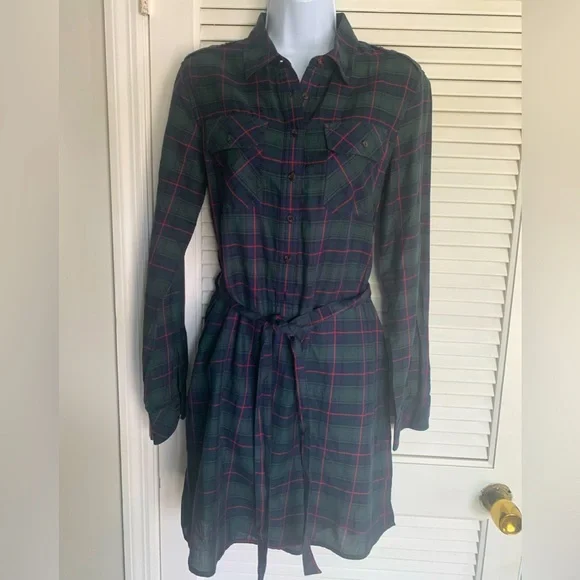 Gap womens green plaid shirt dress size Small